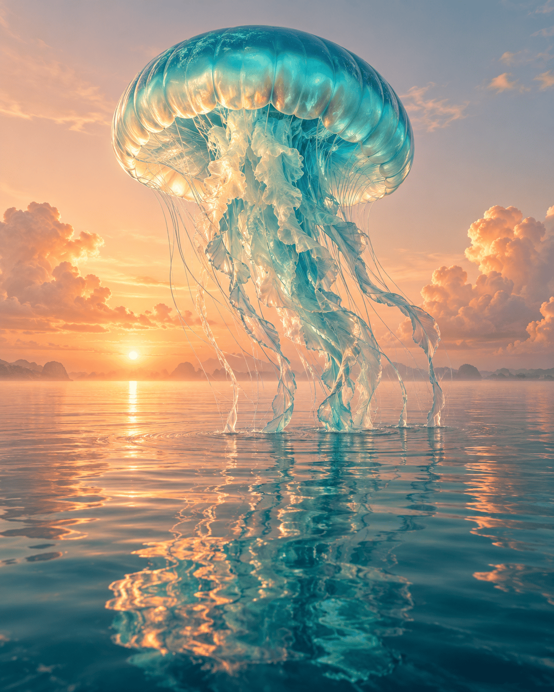 Concept artwork of a translucent turquoise jellyfish floating above a calm sea beneath a peach sky